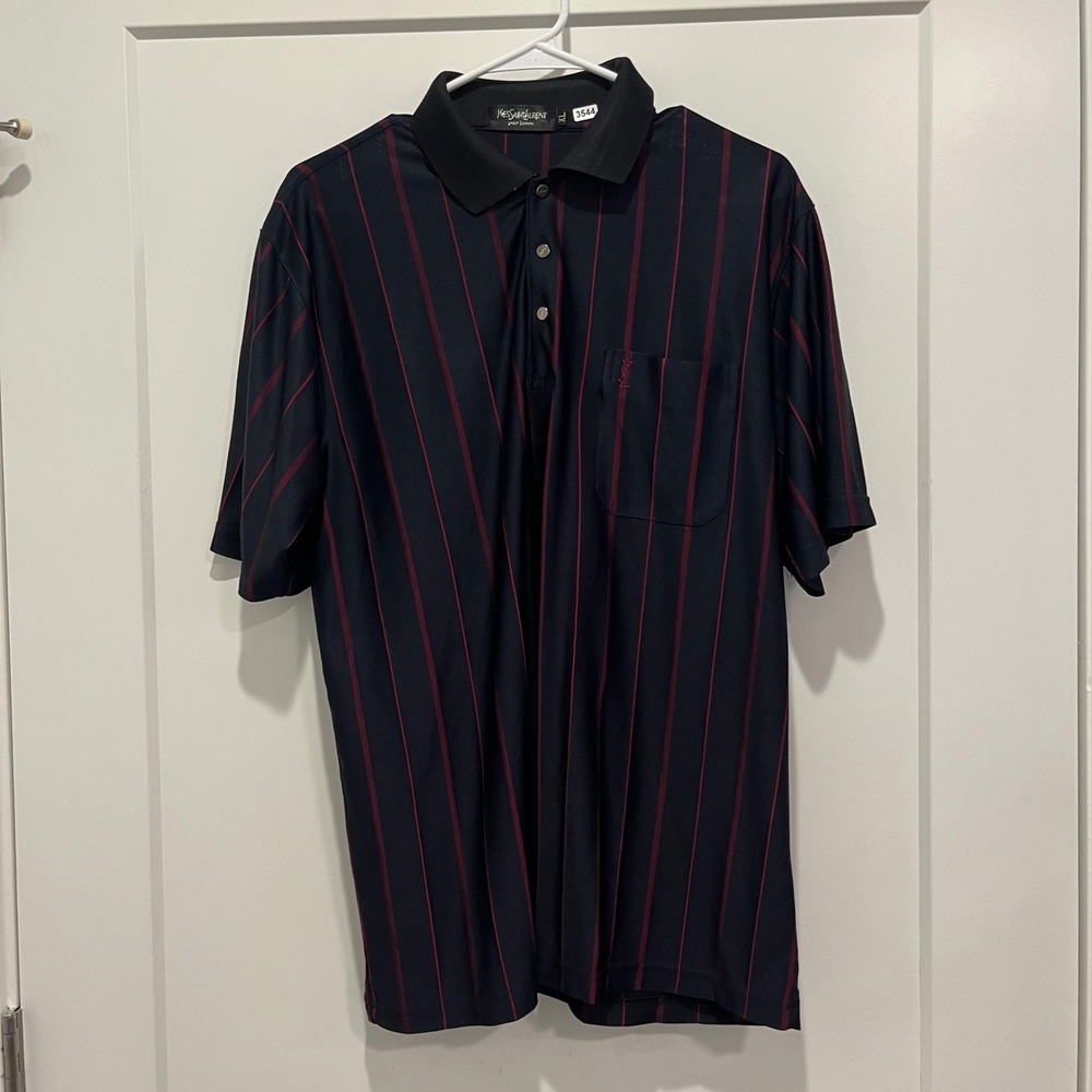Yves Saint Laurent Pour Homme Navy Burgundy Pinstripe Polo Shirt XL YSL Logo